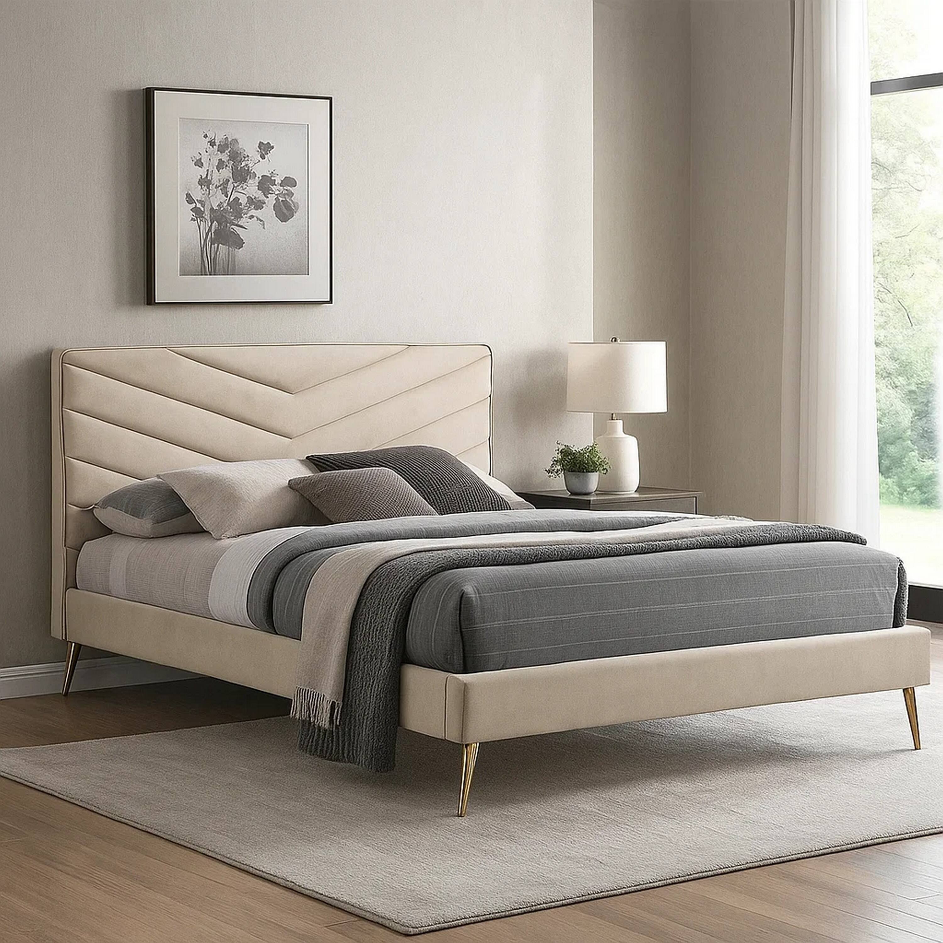 Alt View 6. Manhattan Lane - Vevy Full Size Bed, Chevron Tufted Beige Flannelette Upholstery - Beige, Gold.