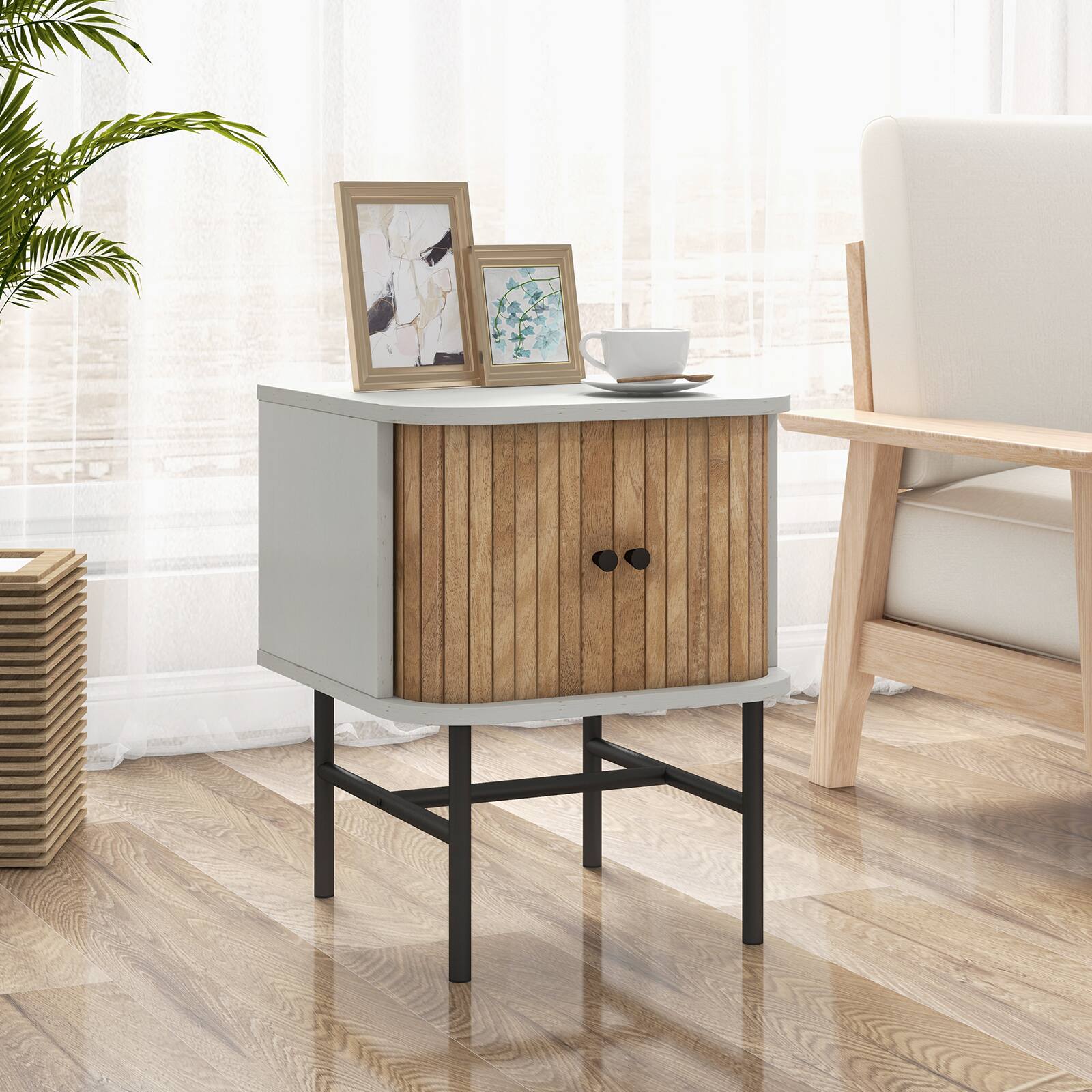 Alt View 8. Ecooso - Mid Century Nightstand with Sliding Doors Storage Cabinet Bedside End Side Table for Bedroom - White.