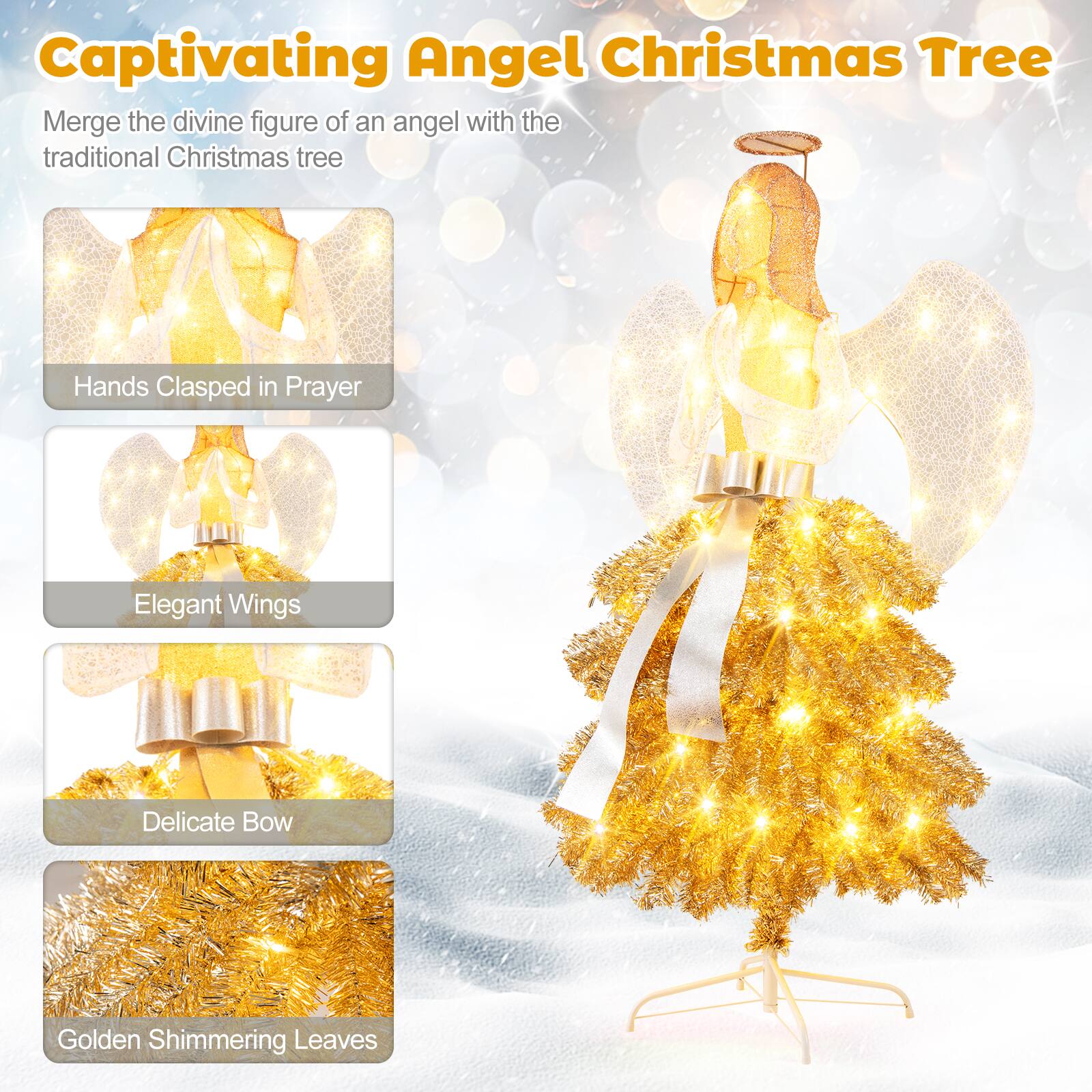 Captivating Angel Christmas Tree

Merge the divine figure of an angel with the traditional Christmas tree

- Hands Clasped in Prayer
- Elegant Wings
- Delicate Bow
- Golden Shimmering Leaves