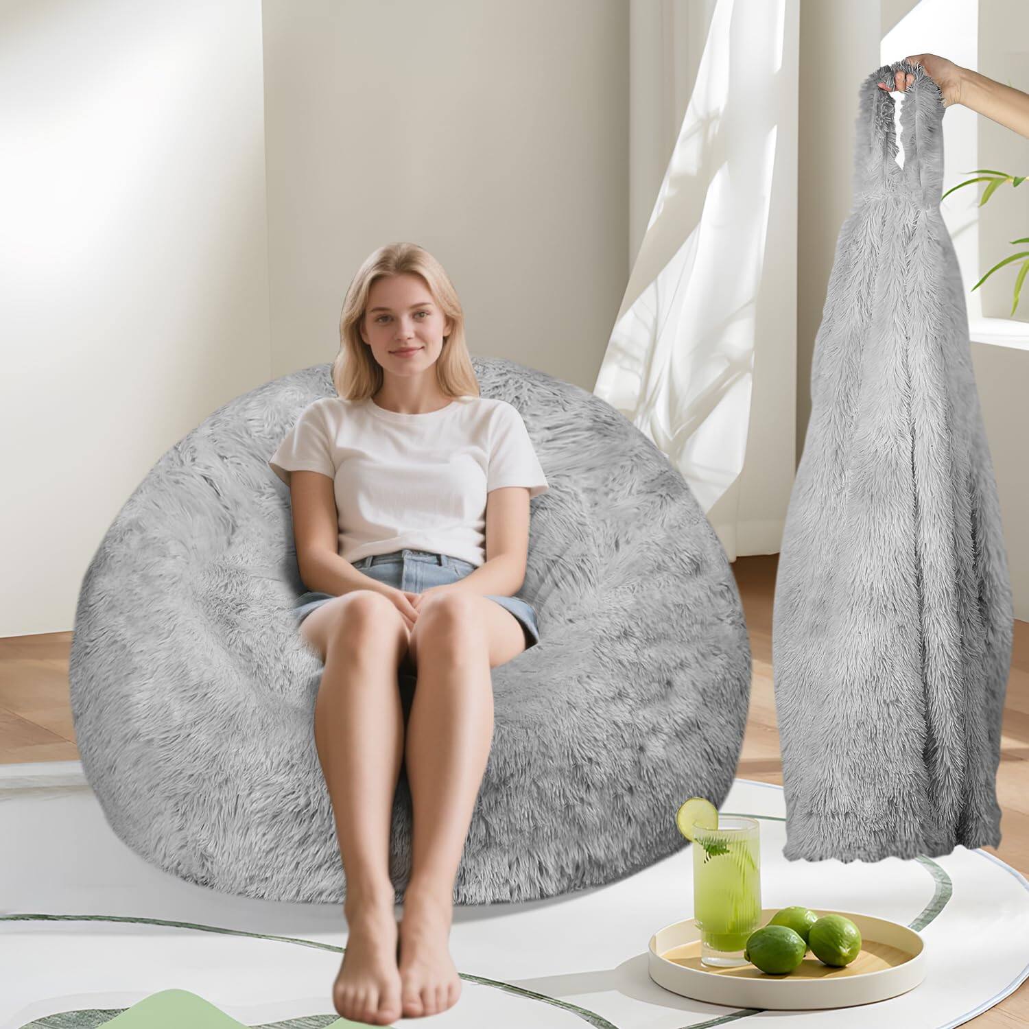 Front. PO3TICJUNKI3 - Fluffy Memory Foam Bean Bag Chair Cover no Filler Faux Comfy For Living Room Organizing Plush Toys Or Textile - Light Gray.