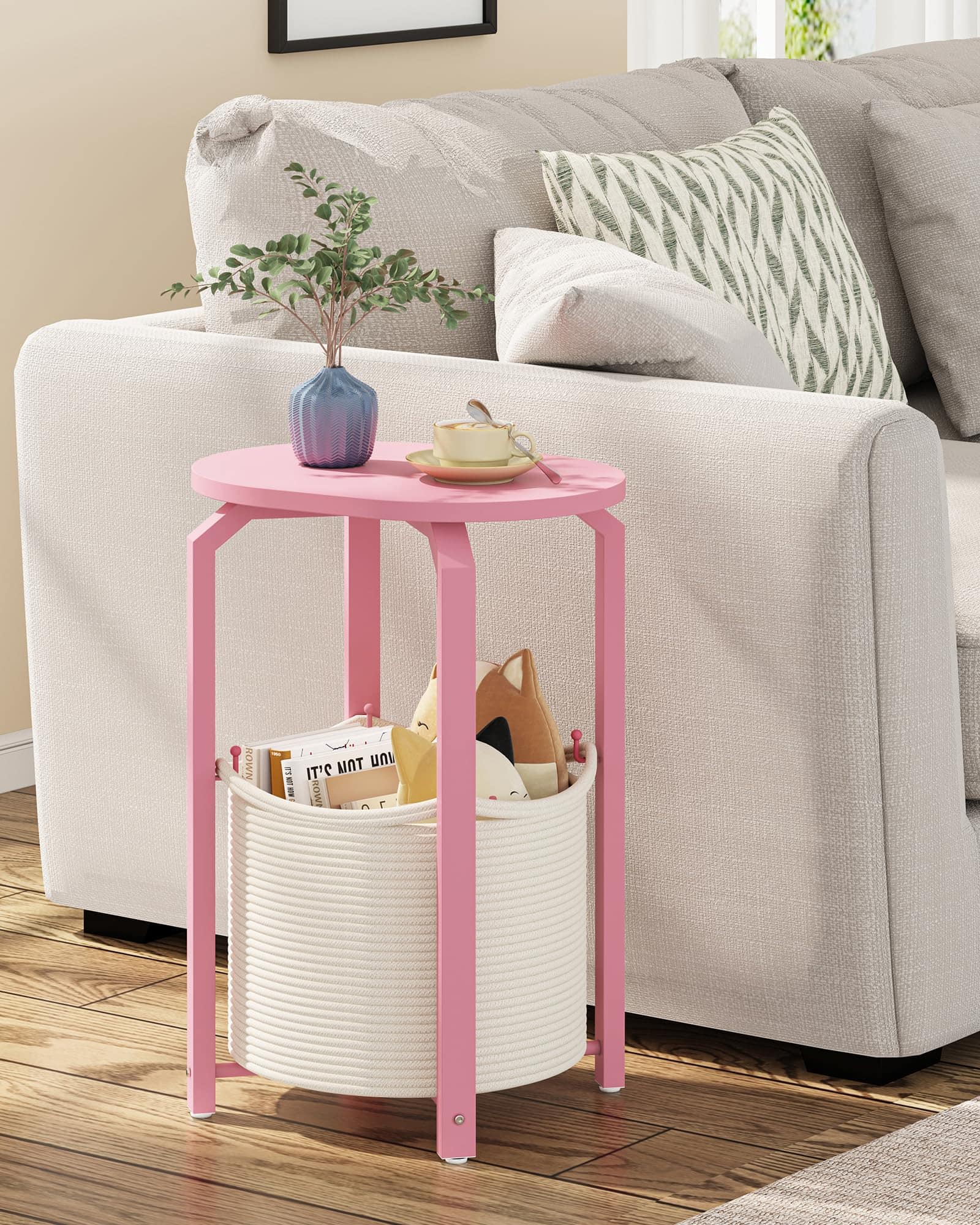 VEGA AUTOMOTIVE - Side Table Oval End Night Stand Bedside Sofa With Storage Basket Living Room Bed Tb01bp093 - Pink