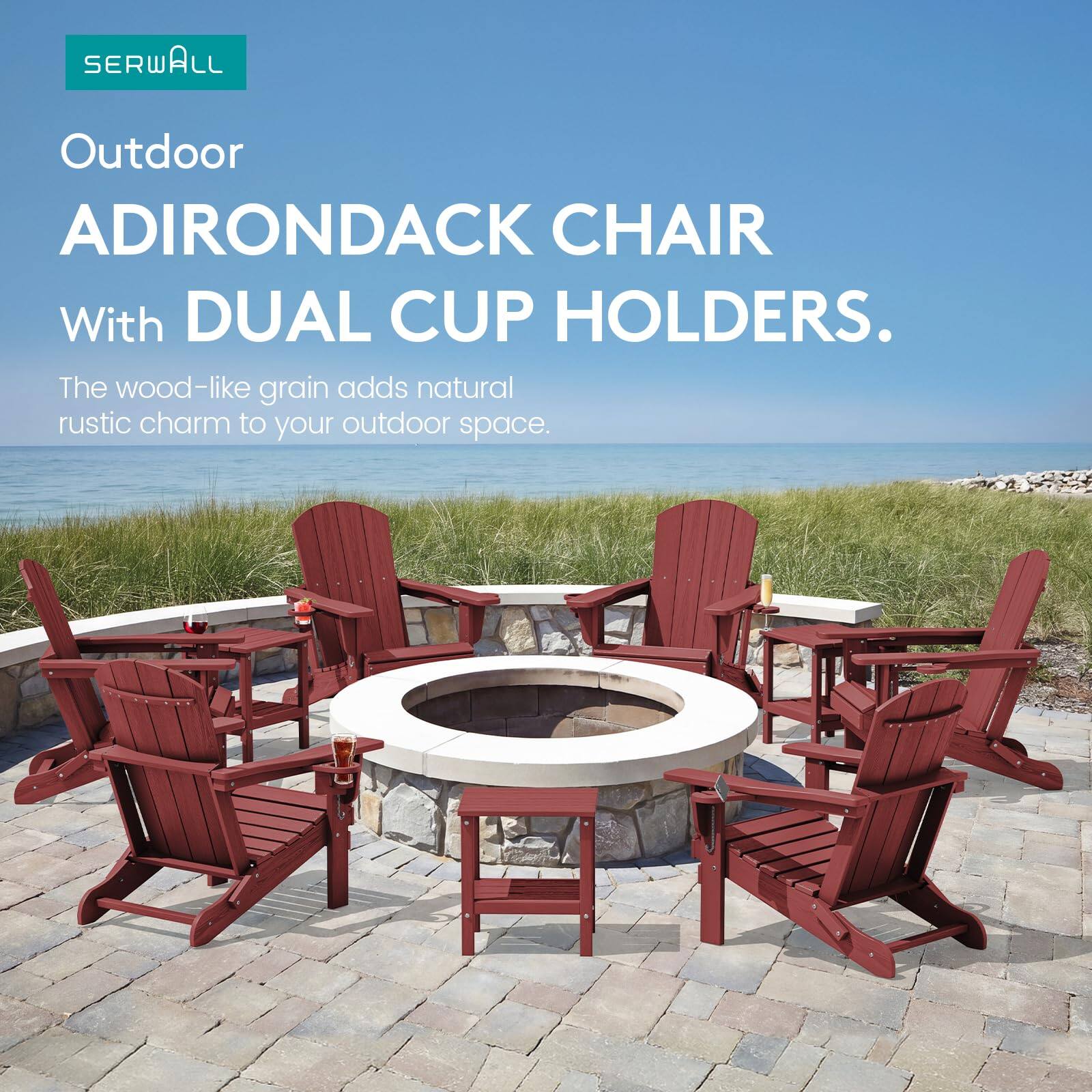 SERWALL Outdoor ADIRONDACK CHAIR With DUAL CUP HOLDERS. The wood-like grain adds natural rustic charm to your outdoor space.