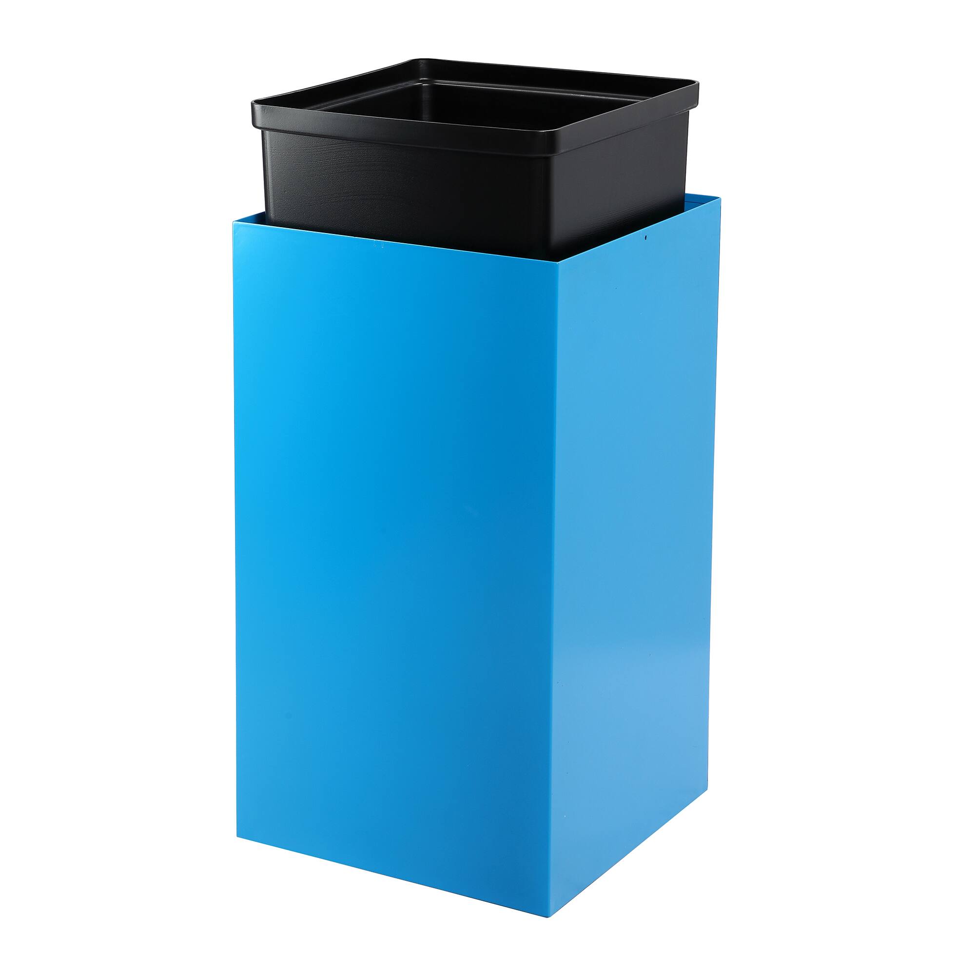 Angle. Alpine Industries - 29 Gallon Steel Open Top Recycling and Trash Can Receptacle Set, 2-Pack - Black; Blue.
