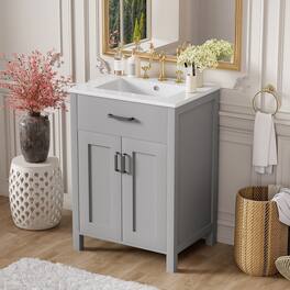 Whisen - 24" Bathroom Vanity Combo with Ceramic Sink, Space-Saving Cabinet, Wood Frame & MDF, Modern Style - Gray