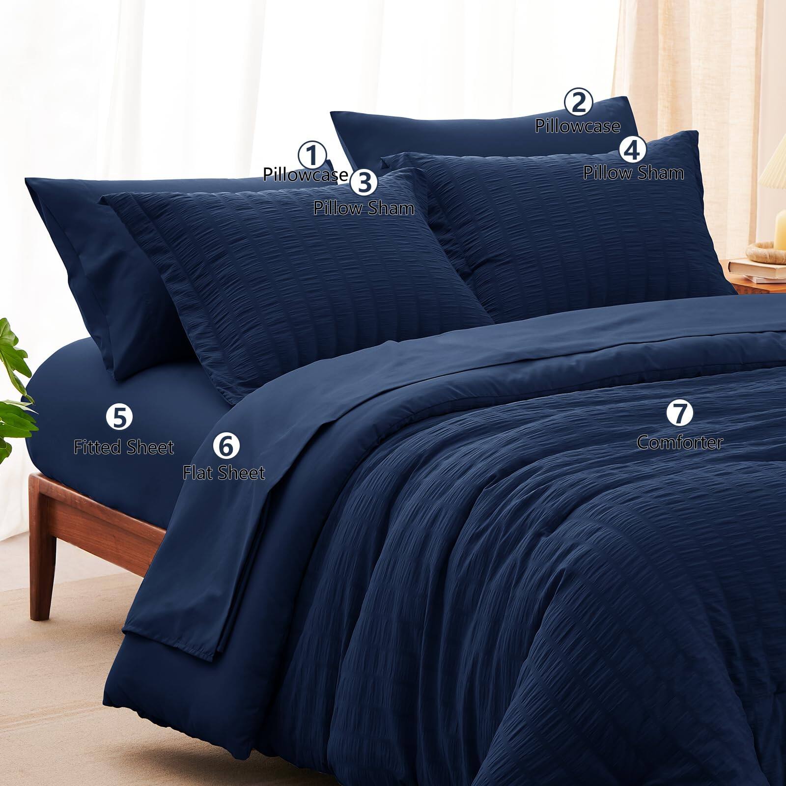1. Pillowcase  
2. Pillowcase  
3. Pillow Sham  
4. Pillow Sham  
5. Fitted Sheet  
6. Flat Sheet  
7. Comforter
