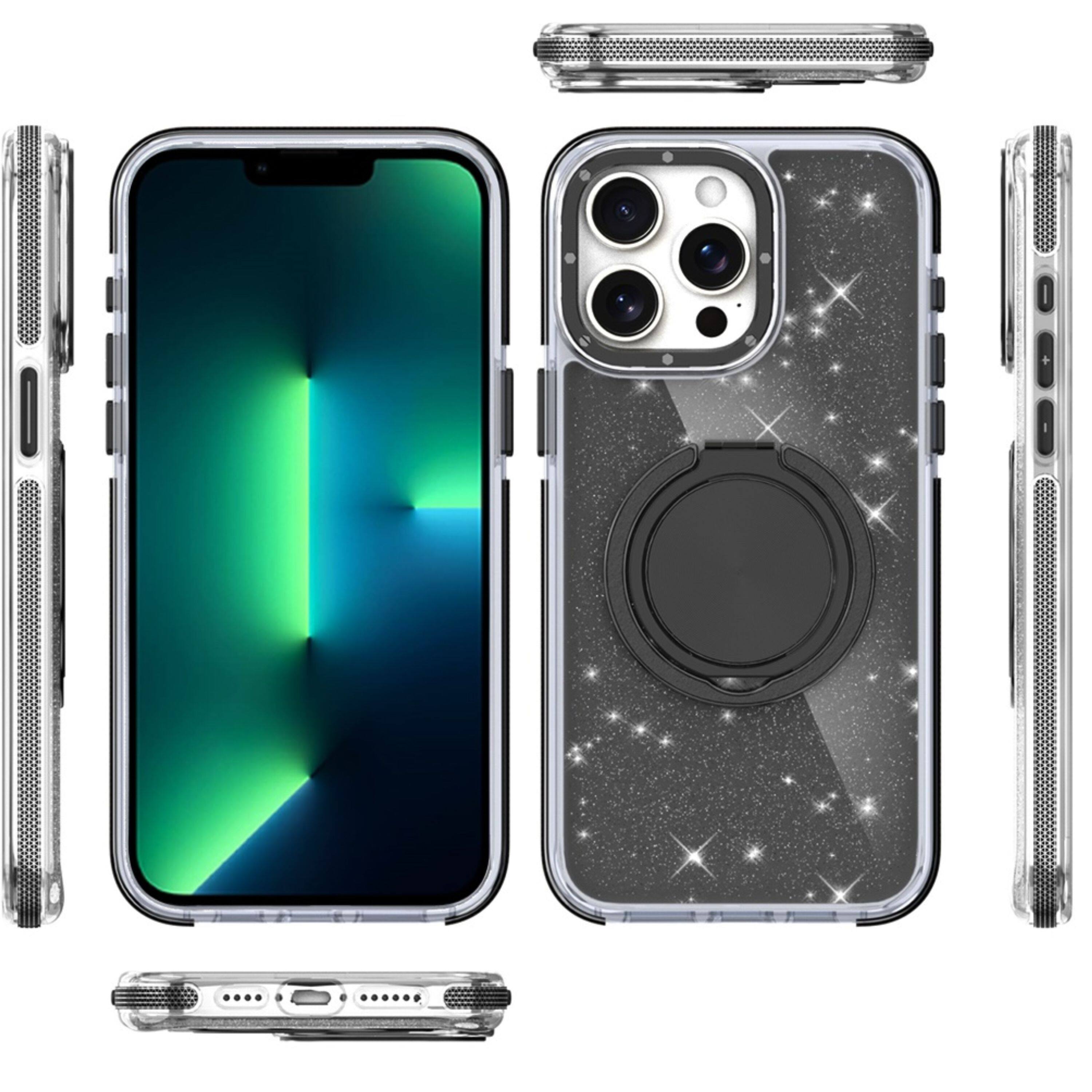 Angle. Kitcheniva - Shimmering Full Glitter Rotating Ring Stand Case For iPhone 13 Pro Max Black - Black.