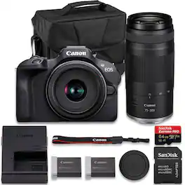 Bundle - Canon - EOS R100 Mirrorless Camera With RF-S 18-45mm f/4.5-6.3 IS STM + RF 75-300mm f/4-5.6 Lens + Extra LP-E17 Battery +