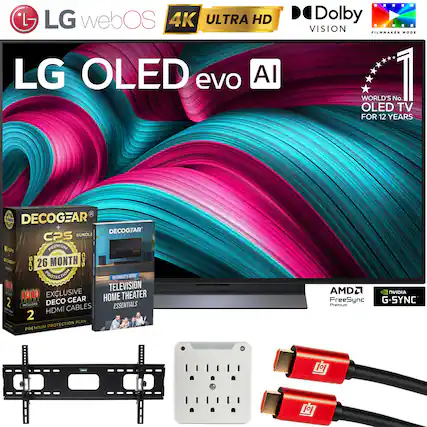 LG webOS 4K ULTRA HD LG OLED evo AI
Dolby VISION FILMMAKER MODE
WORLD'S No. 1 OLED TV FOR 12 YEARS
DECOCOAR CPS BUNDLE
- 26 MONTH CPS PREMIUM PROTECTION
- EXCLUSIVE HOME THEATER ESSENTIALS
- HDMI CABLES
AMD FreeSync G-SYNC
Premium
DECOCOAR
- TELEVISION HOME THEATER ESSENTIALS
- BEGINNER'S GUIDE
L.TIE.S DECO GEAR ILLINS