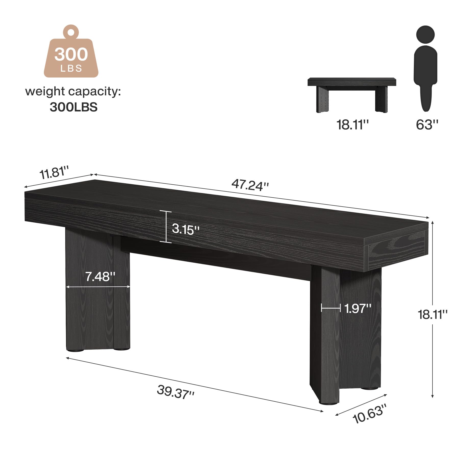 300 LBS  
weight capacity: 300LBS  
18.11"  
63"  
11.81"  
47.24"  
3.15"  
7.48"  
1.97"  
18.11"  
39.37"  
10.63"