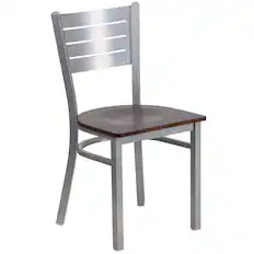 Front. Emma + Oliver - Silver Slat Back Metal Restaurant Dining Chair - Walnut Wood Seat/Silver Frame.