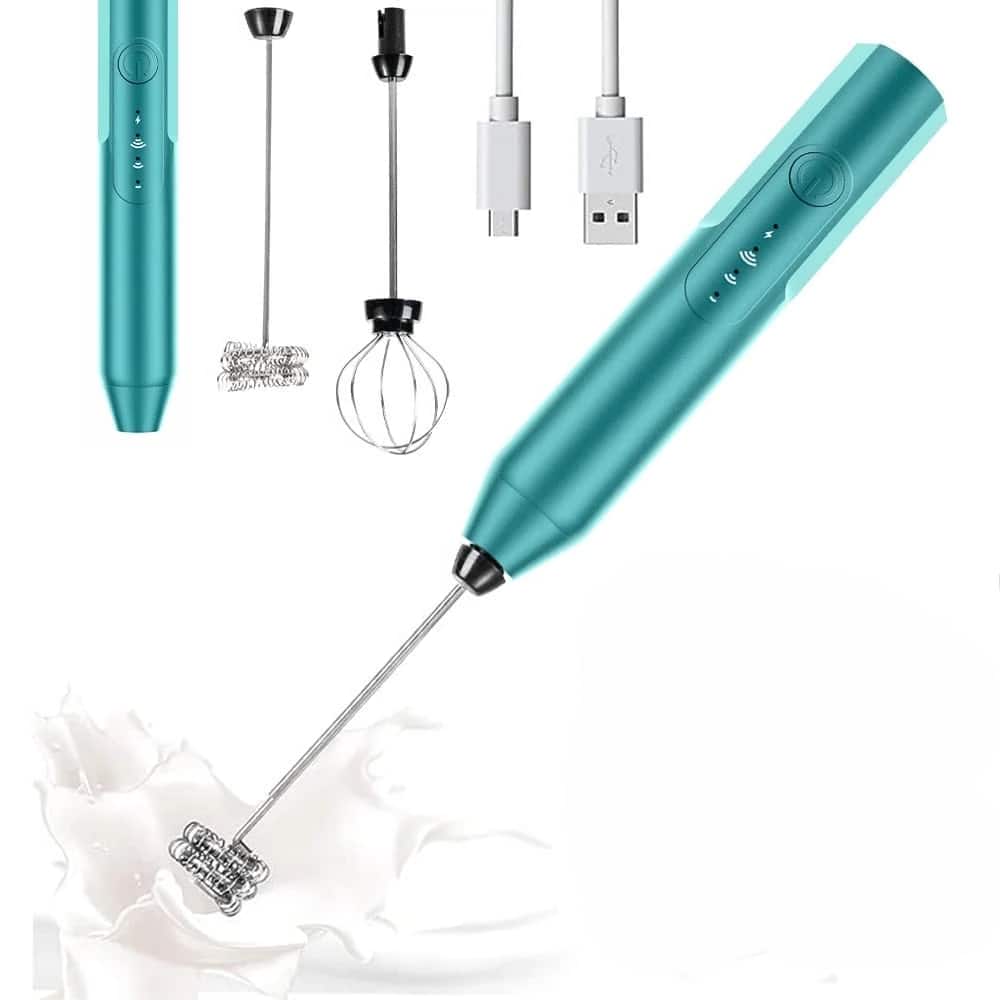 Front. MOVSSOU - Handheld Milk & Coffee Frother Electric Mini Blender Stainless Steel Drink Mixer - Light Blue.