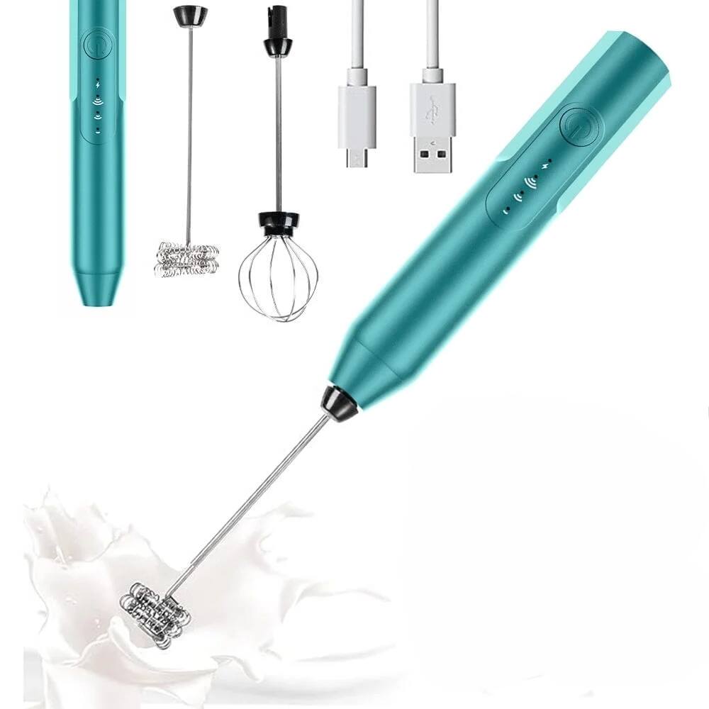 Front. MOVSSOU - Handheld Milk & Coffee Frother Electric Mini Blender Stainless Steel Drink Mixer - Light Blue.