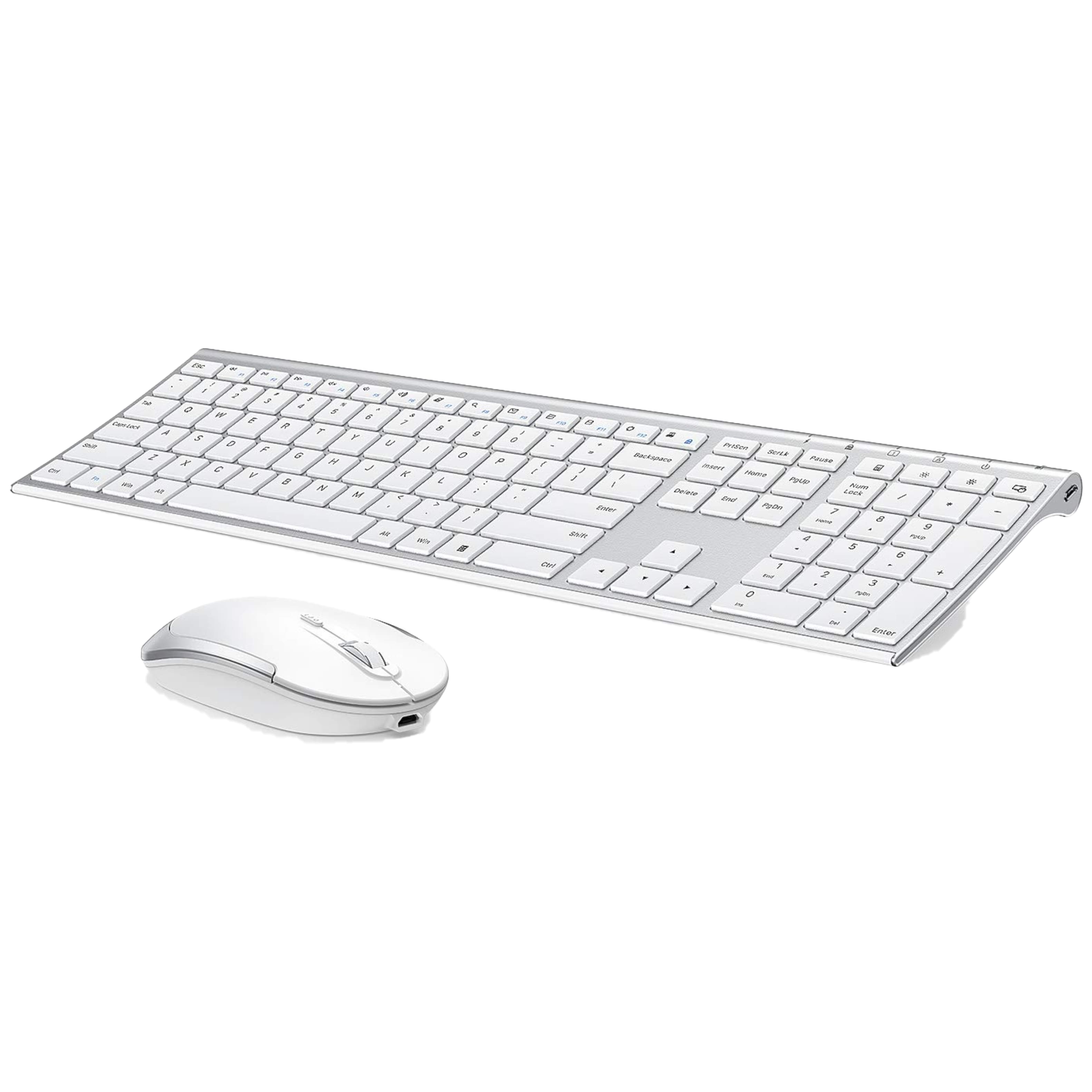PRIMEPLUS - Wireless Keyboard & Mouse Combo, 2.4GHz Rechargeable Quiet Full-Size, Nano USB Receiver for Windows Laptop PC - White Silver