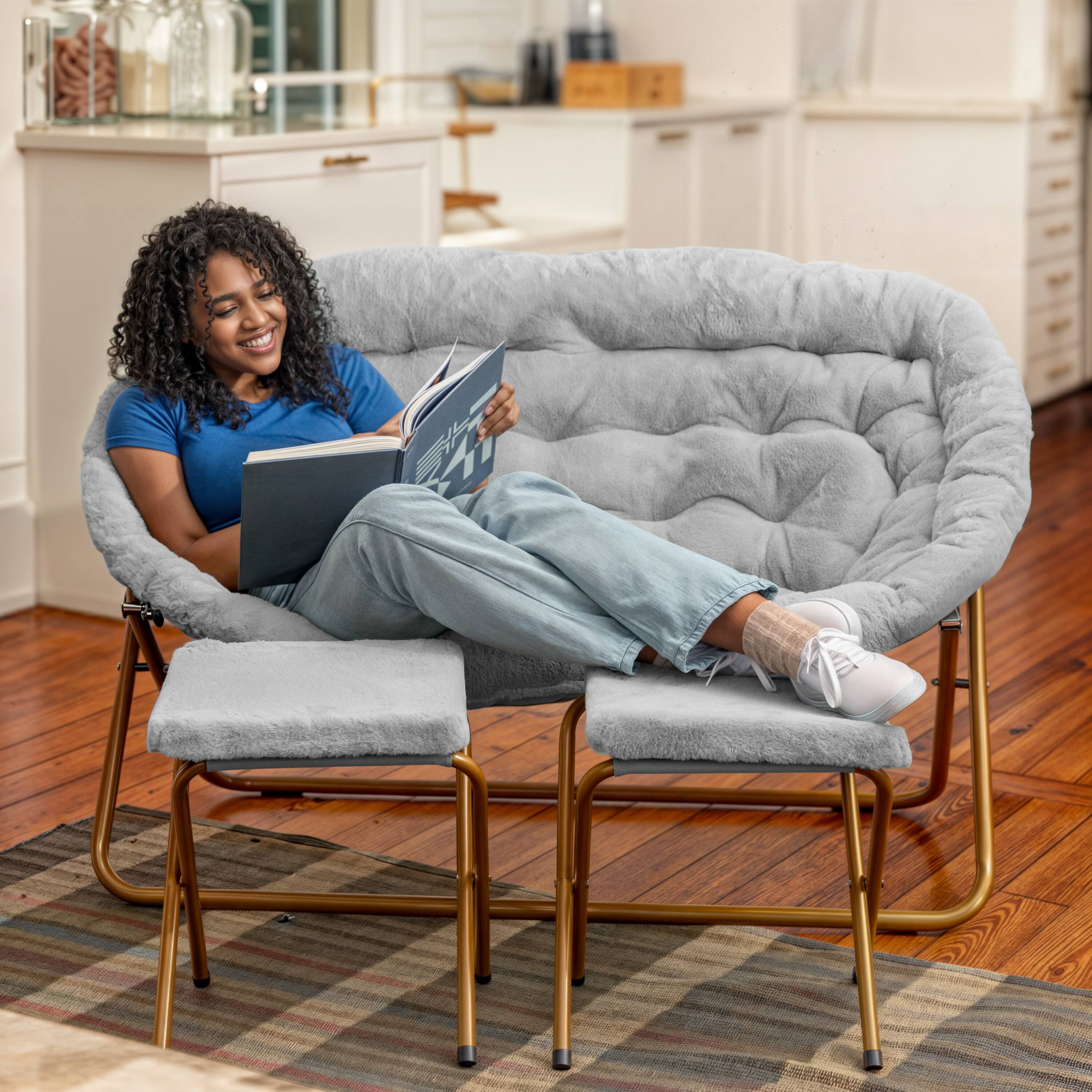 Alt View 3. Emma + Oliver - Janey Folding Double Saucer Chair with 2 Ottomans and Steel Frame for Dorm or Bedroom - Gray Fabric/Soft Gold Frame.