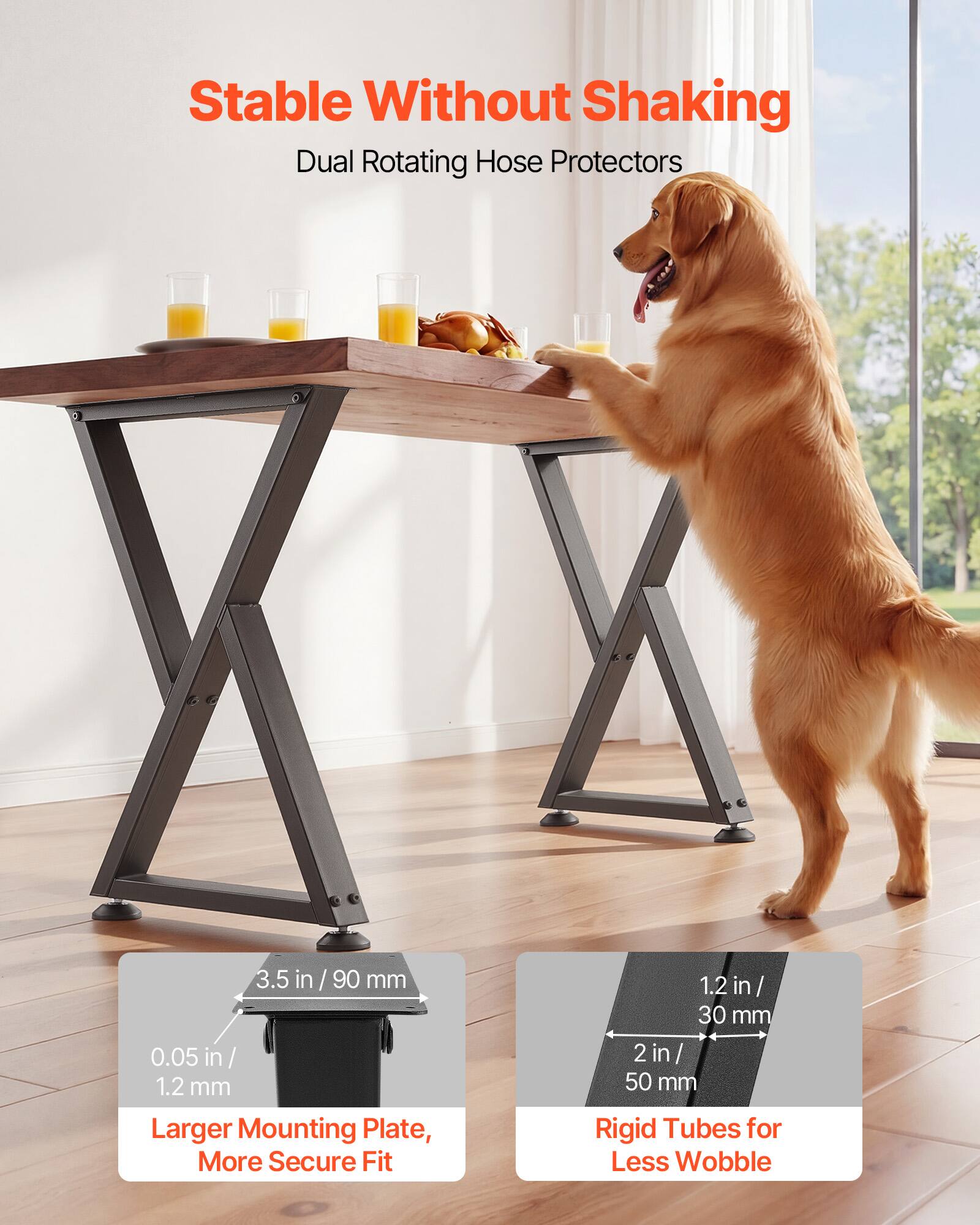 Stable Without Shaking  
Dual Rotating Hose Protectors  

3.5 in / 90 mm  
0.05 in / 1.2 mm  
Larger Mounting Plate, More Secure Fit  

1.2 in / 30 mm  
2 in / 50 mm  
Rigid Tubes for Less Wobble