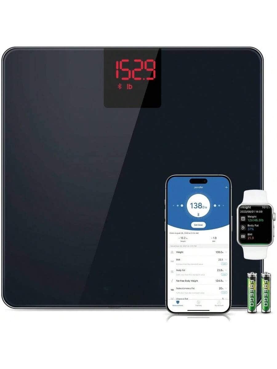 Pacoar Cade - Body weight scale tempered glass platform, smartphone app, 3.6 LED Display for family use, Durable Construction - Black + 10.6 x 10.6 inches