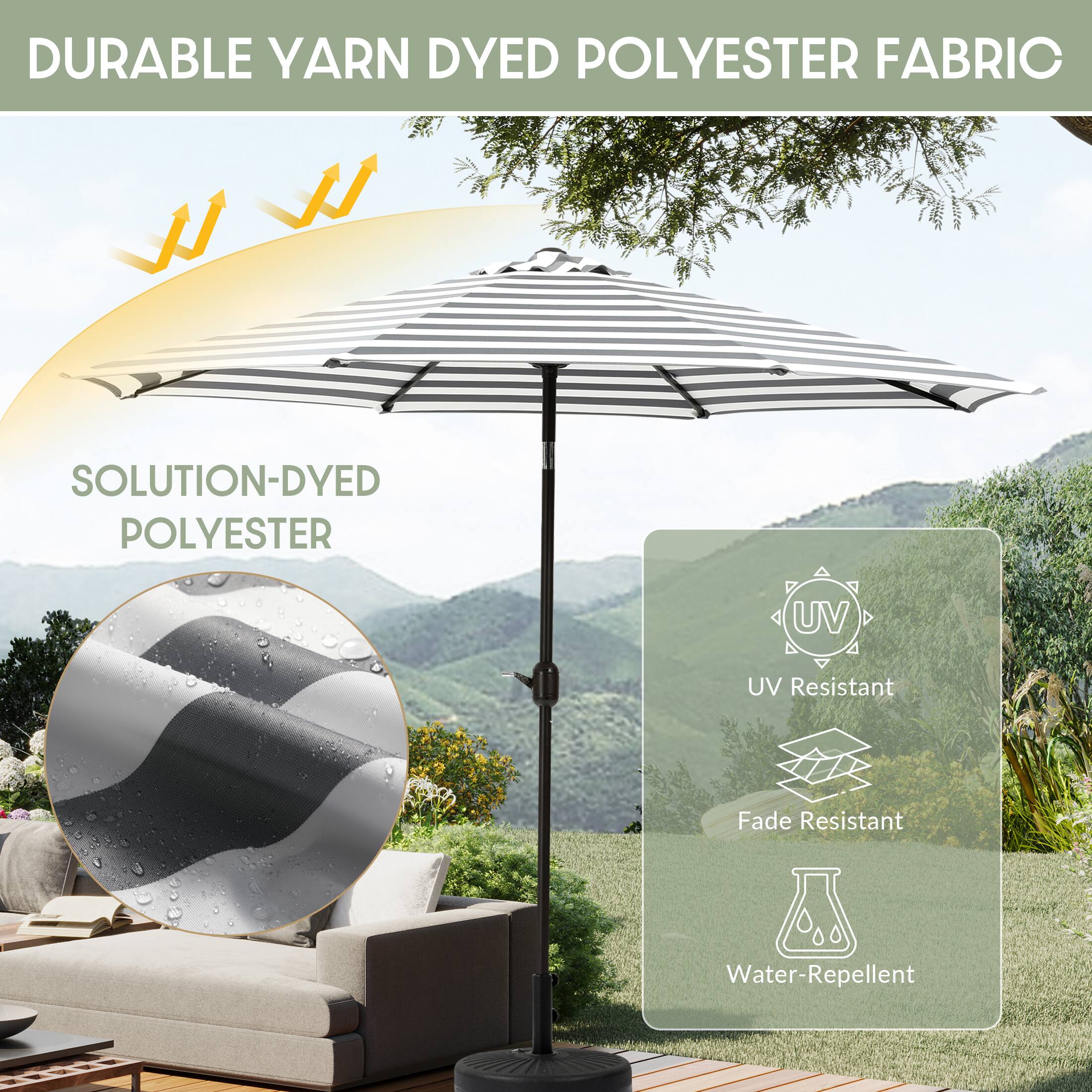 DURABLE YARN DYED POLYESTER FABRIC  
SOLUTION-DYED POLYESTER  
UV Resistant  
Fade Resistant  
Water-Repellent