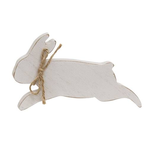 Front. BreeBe - Distressed Wooden Leaping Bunny w/Jute Bow Sitter - White.