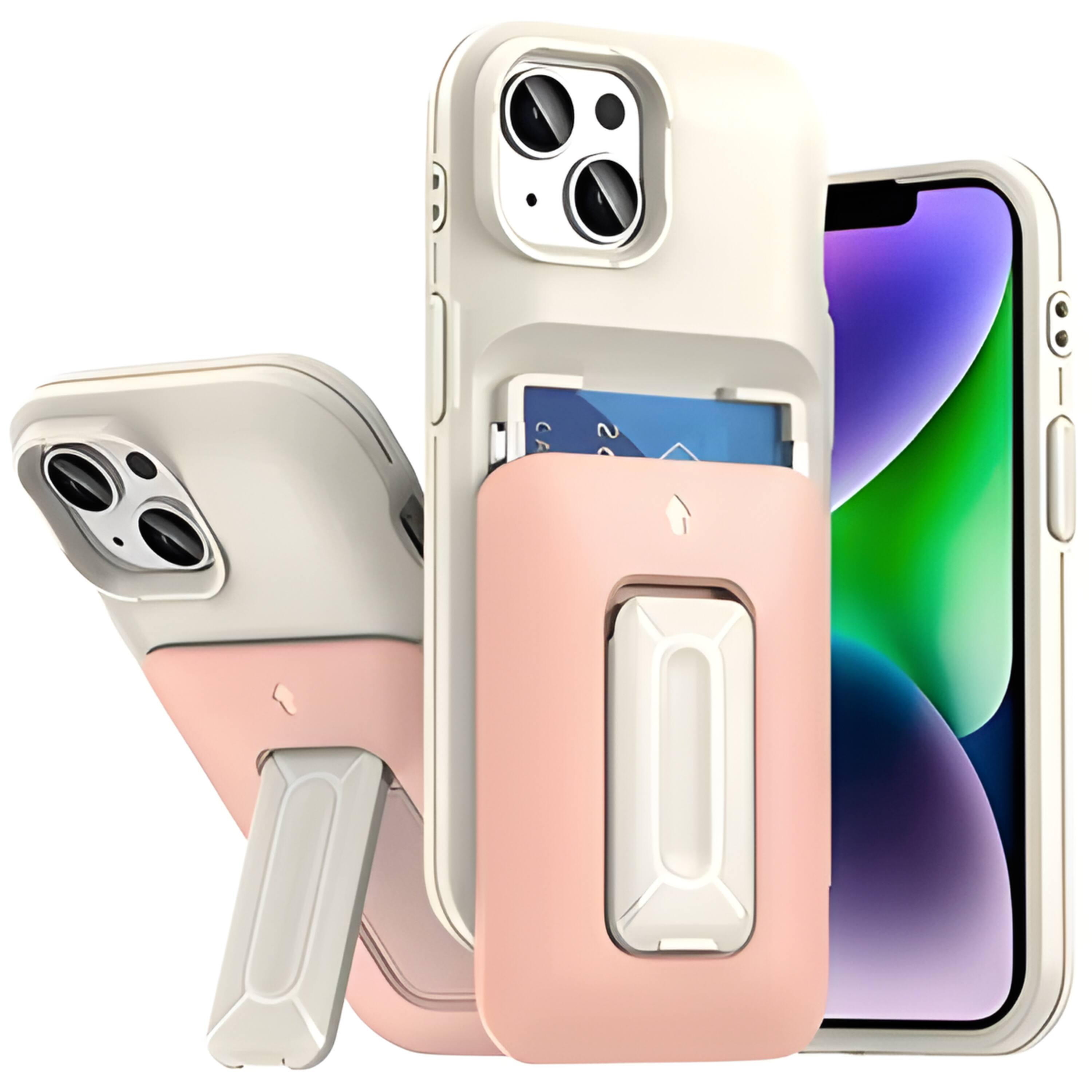 Front. Kitcheniva - Card Holder Kickstand And Strap Phone Case With Tempered Glass For iPhone 13/14 Beige Light Pink - Beige+Light Pink.