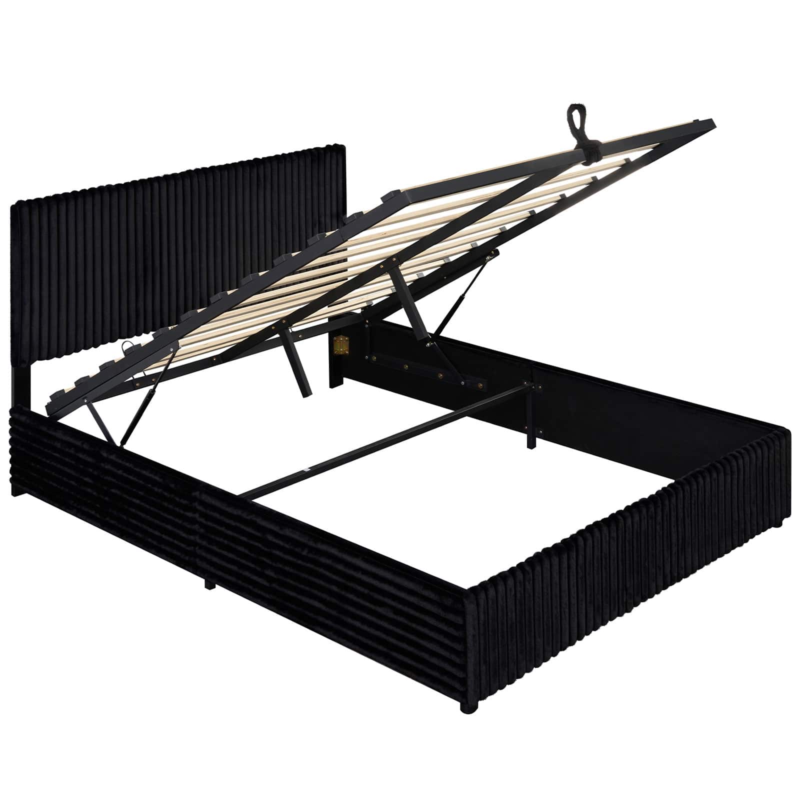 Gymax - Queen Size Lift-up Storage Bed w/Hydraulic Lifts Wooden Slat Support - Black