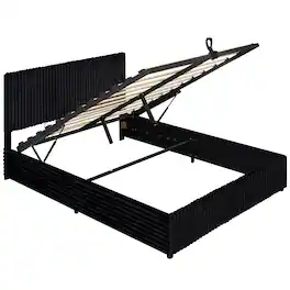 Gymax - Queen Size Lift-up Storage Bed w/Hydraulic Lifts Wooden Slat Support - Black