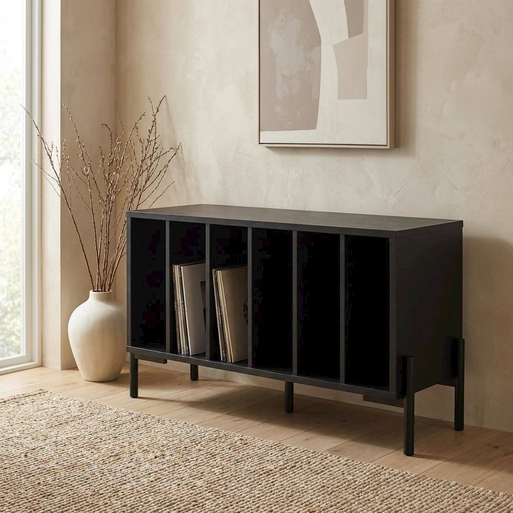 Alt View 4. FurniFact - Wooden record player stand with vinyl storage - Black.