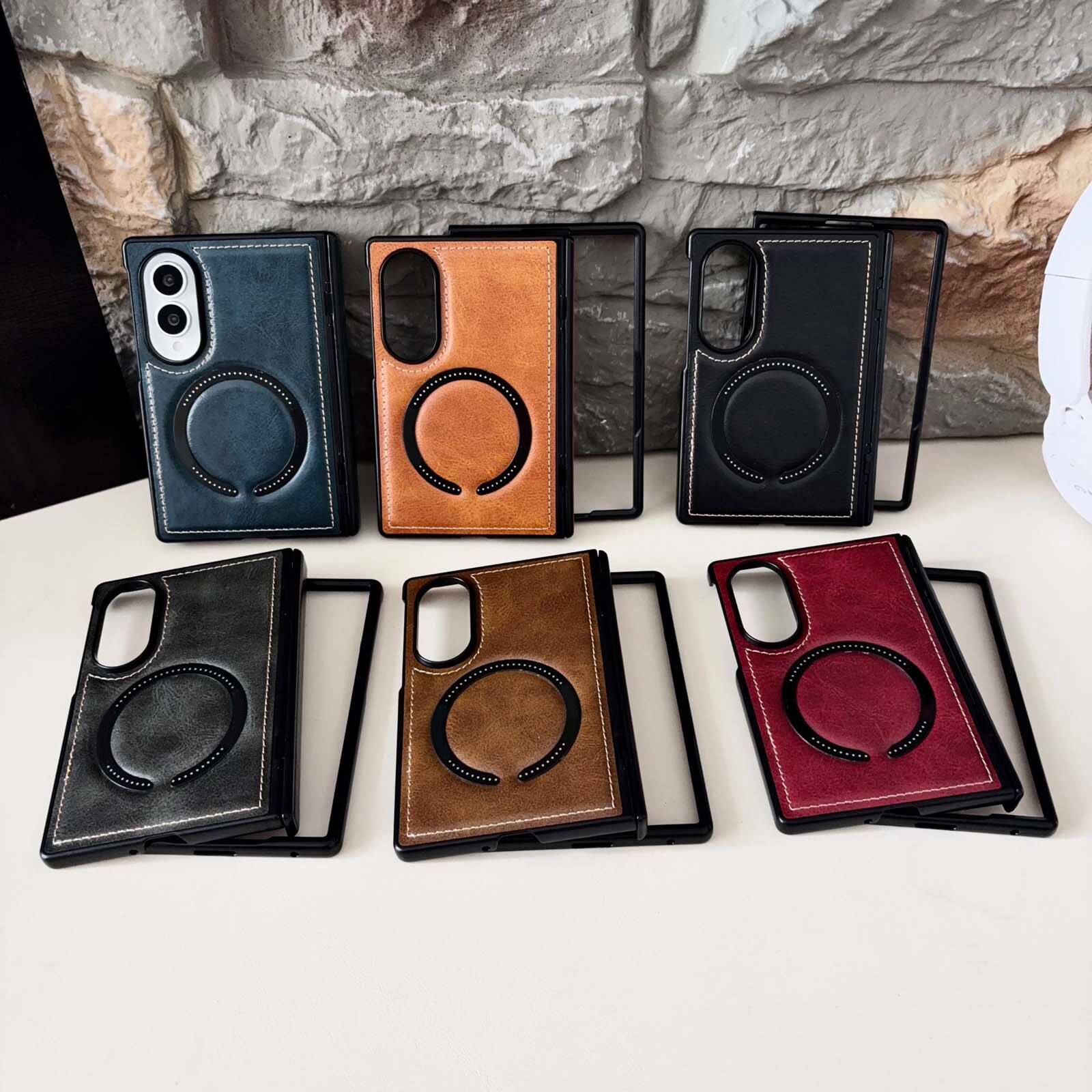 Alt View 6. Dteck - Shockproof Magnetic Phone Case for Samsung Galaxy Z Fold8, Rigid Plastic Faux Leather Hinge Cover, Raised Lip Protection - Black.