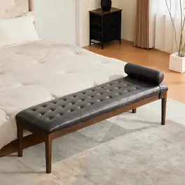 Ropilly - 66 Inch Upholstered End of Bed Bench, Faux Leather Tufted Entryway Shoe Bench with Headrest - Coffee