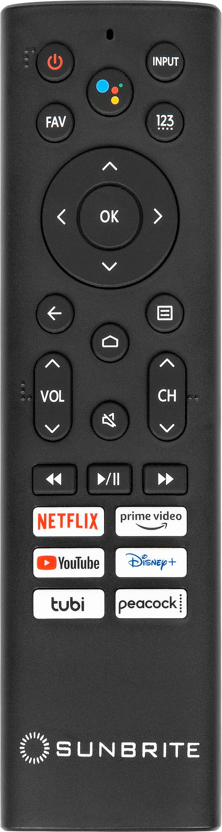 The text on the image reads: "OK, Vol, CH, prime video, NETFLIX, YouTube, Disney+, tubi, peacock, SUNBRITE."