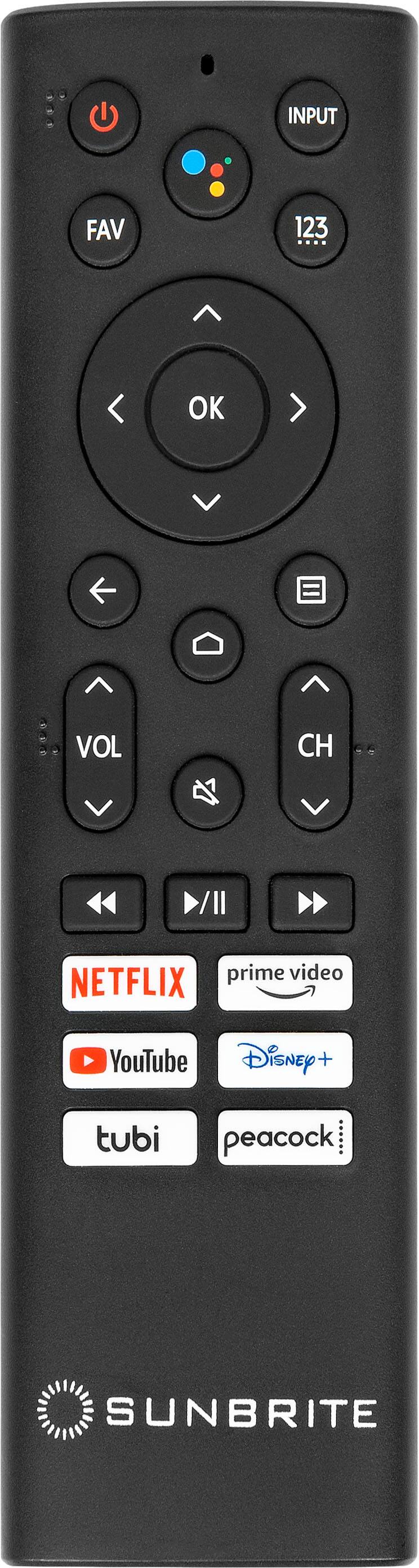 The text on the image reads: "OK, Vol, CH, prime video, NETFLIX, YouTube, Disney+, tubi, peacock, SUNBRITE."