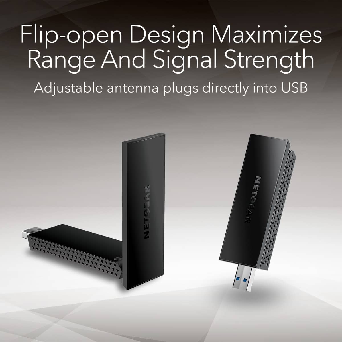 The text on the image reads: "Flip-open Design Maximizes Range And Signal Strength Adjustable antenna plugs directly into USB NETGEAR."