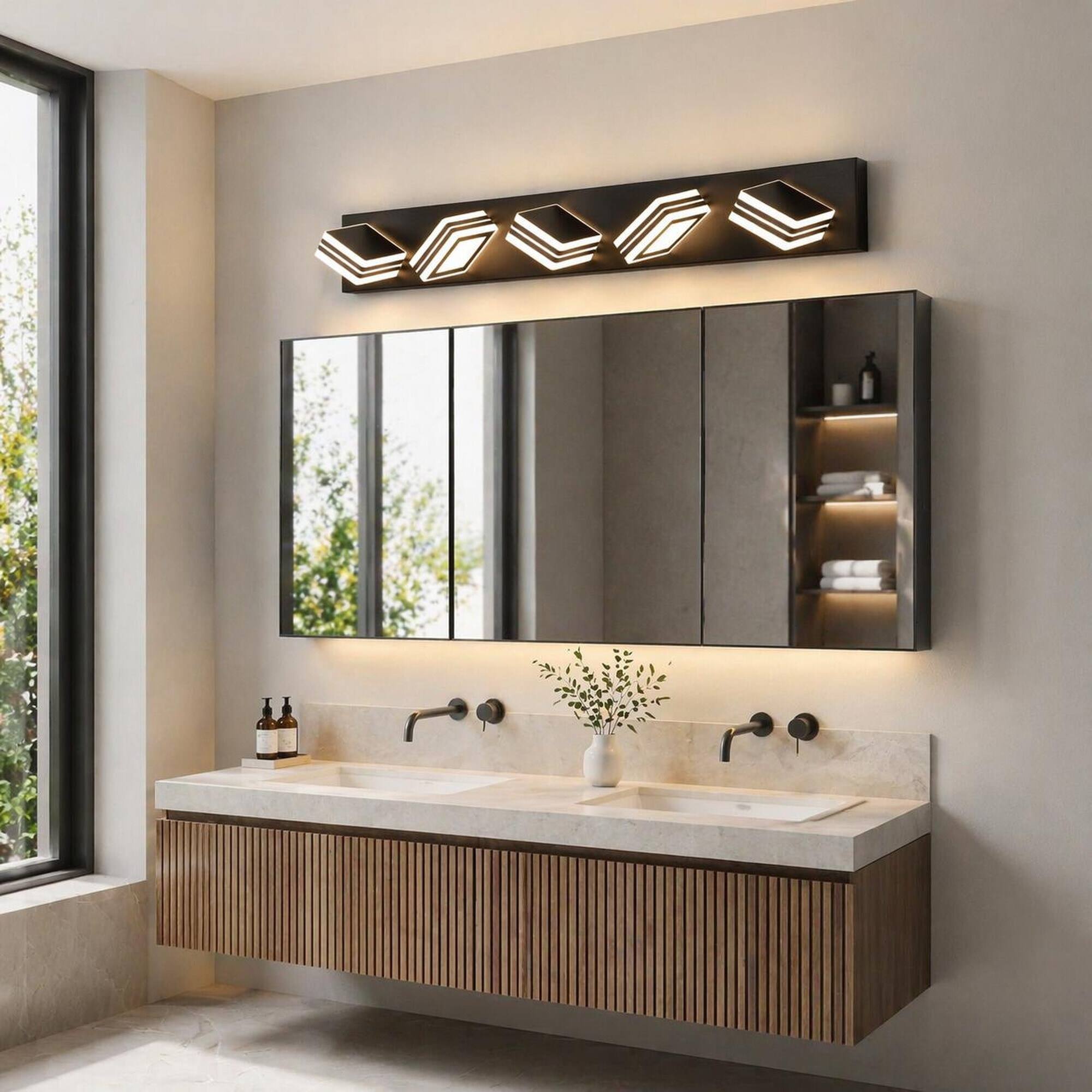 Alt View 2. RYHNUYNE - 5‑Light LED Vanity Light, 34" Modern Bathroom Wall Light Fixture, Over Mirror Bath Vanity Lighting - Black.