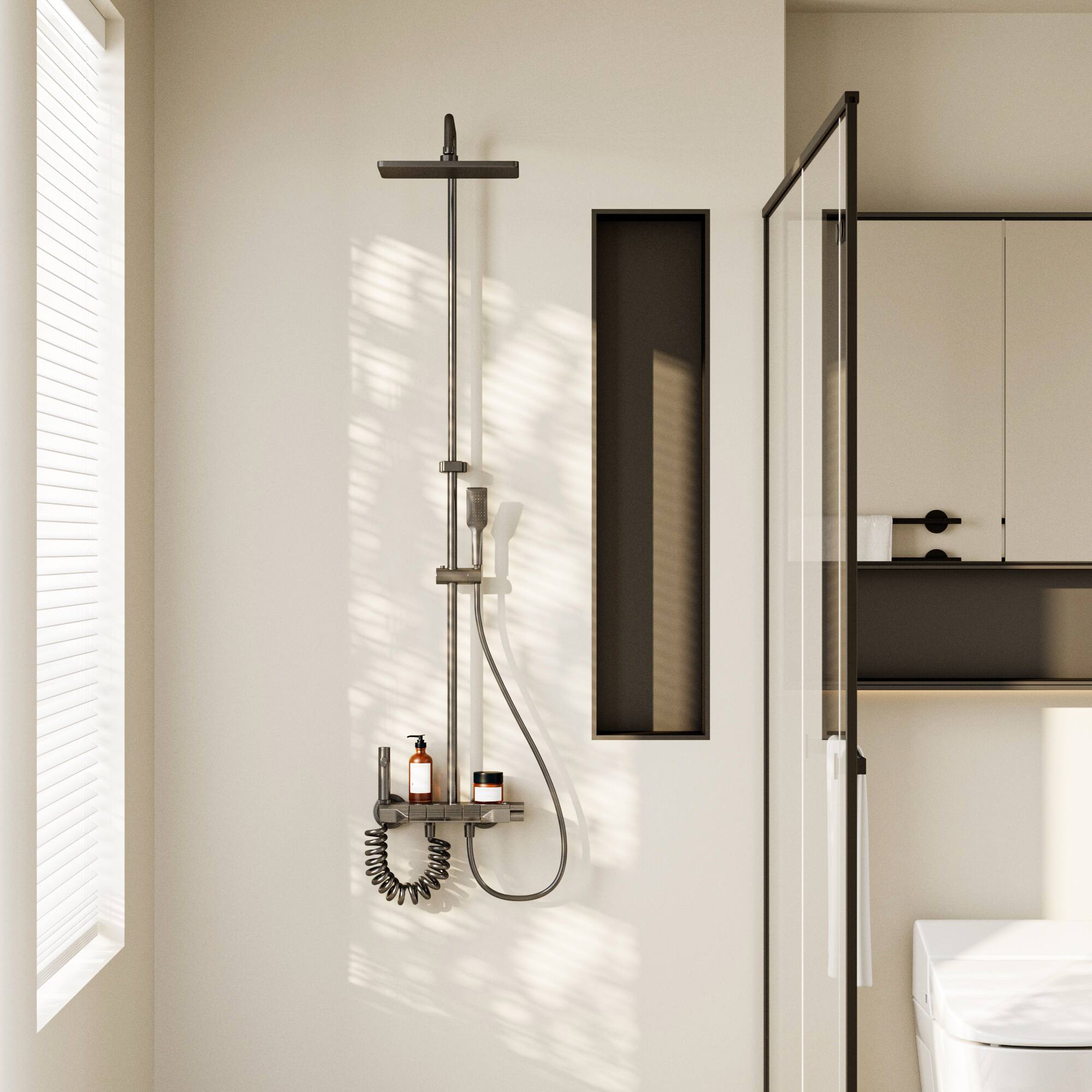 Angle. Famapy - Piano Button Shower System with Rainfall Head & Handheld, Adjustable Slide Bar Shower Faucet Set with Bidet Sprayer - Gunmetal Gray.