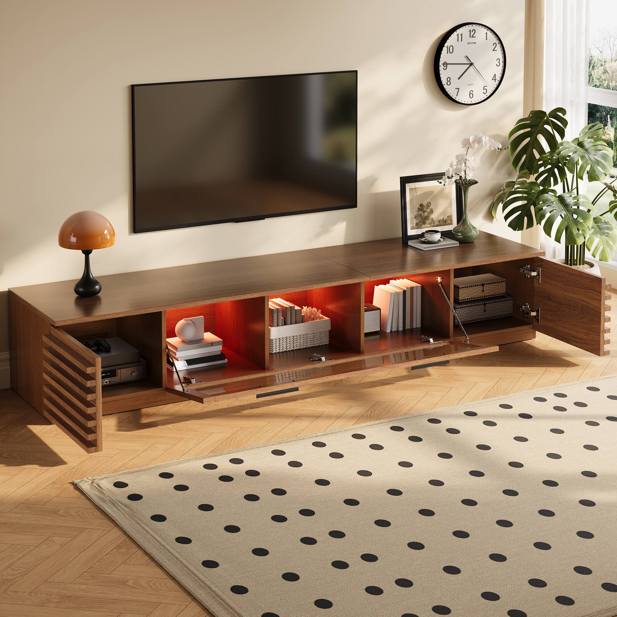 Angle. MERAVOM - Mid-Century Modern TV Stand for TVs Up to 80", Entertainment Center with Storage Cabinets and LED Light for Living Room - Walnut.