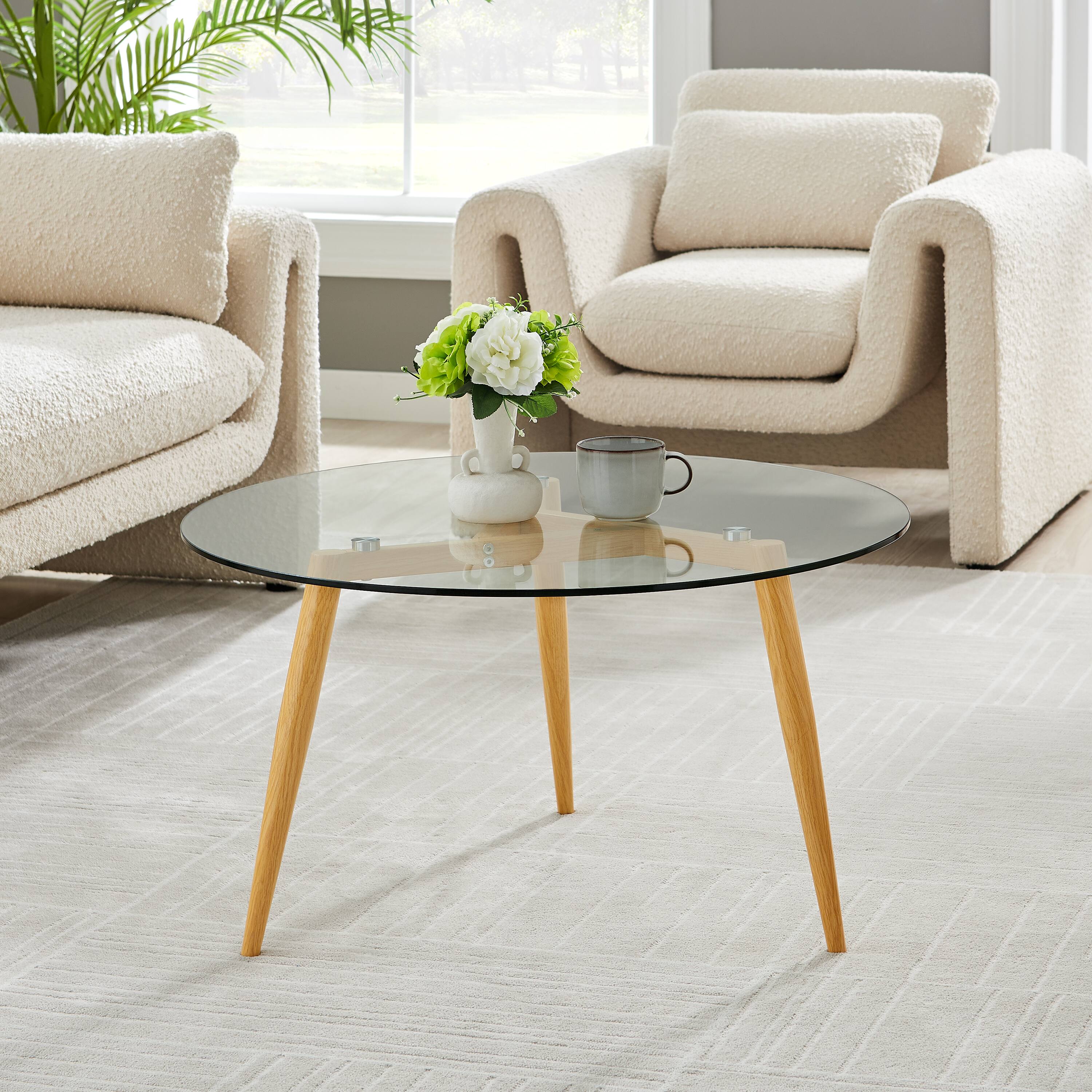 Left. Danya B - Van Beuren Coffee Table with Taper Legs and Clear Glass Tabletop - Beech - Beech, Clear.