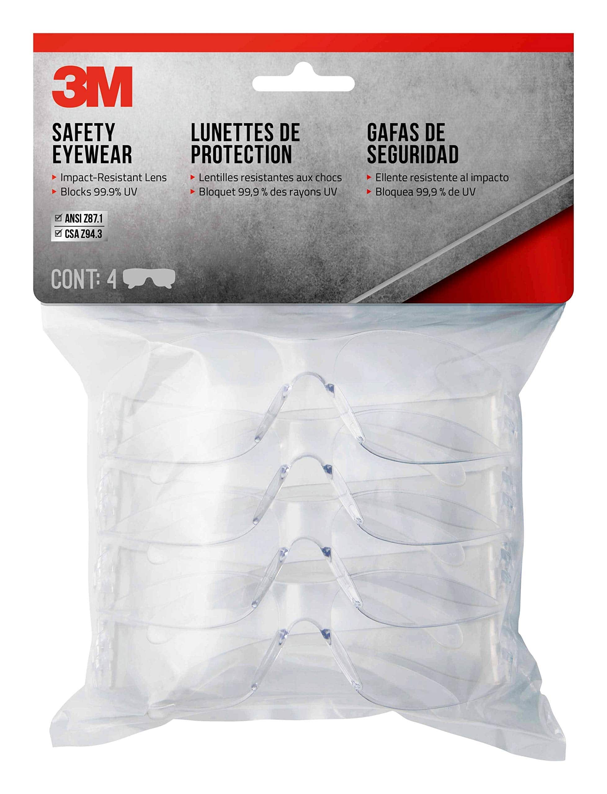 Amber Sporting Goods - 3M Indoor Safety Eyewear, Lens, Contractor Pack, 4-Pack - Clear