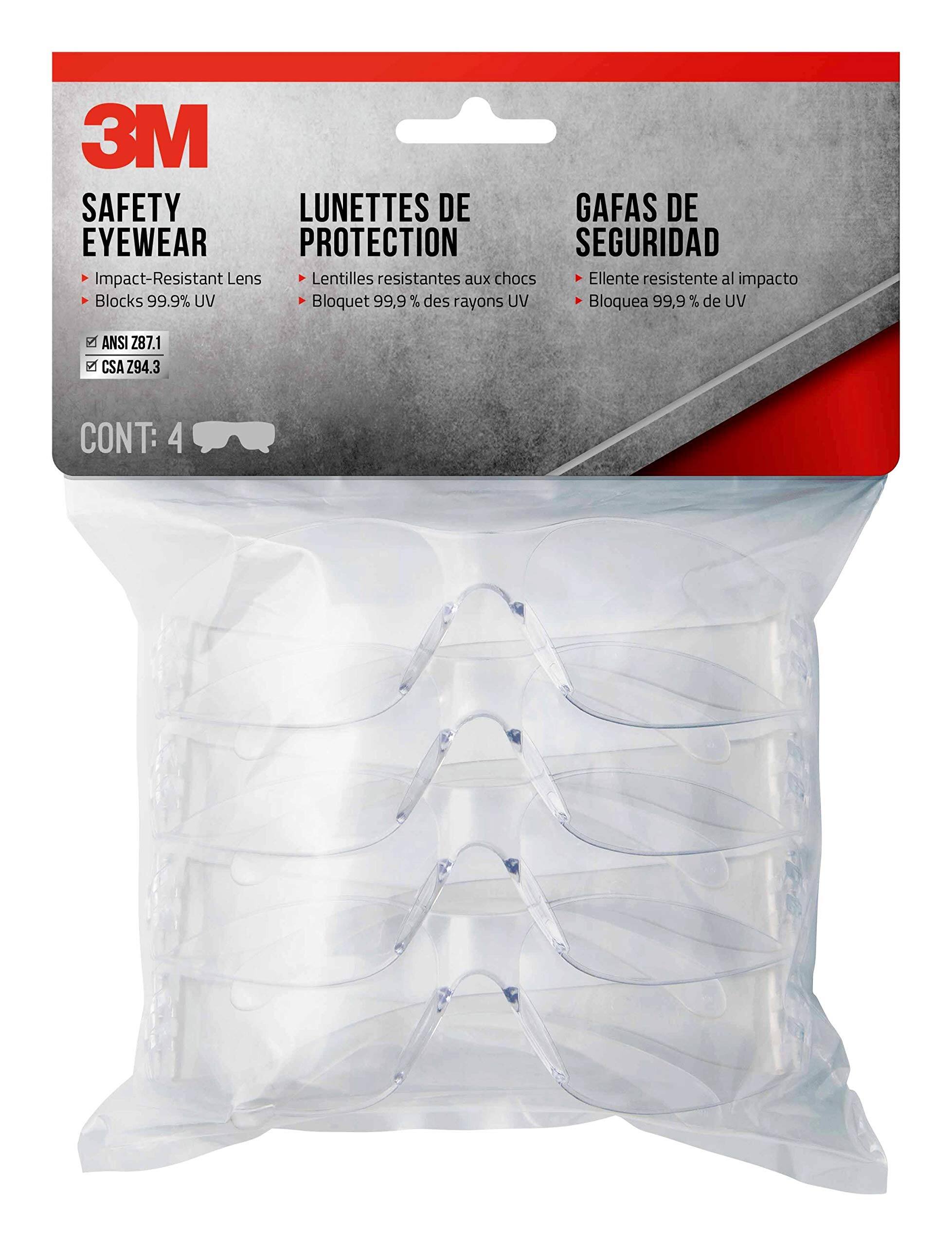 3M SAFETY EYEWEAR  
LUNETTES DE PROTECTION  
GAFAS DE SEGURIDAD  

- Impact-Resistant Lens  
- Lentilles résistantes aux chocs  
- Ellente resistente al impacto  

- Blocks 99.9% UV  
- Bloque 99.9 % des rayons UV  
- Bloquea 99.9 % de UV  

ANSI Z87.1  
CSA Z94.3  

CONT: 4