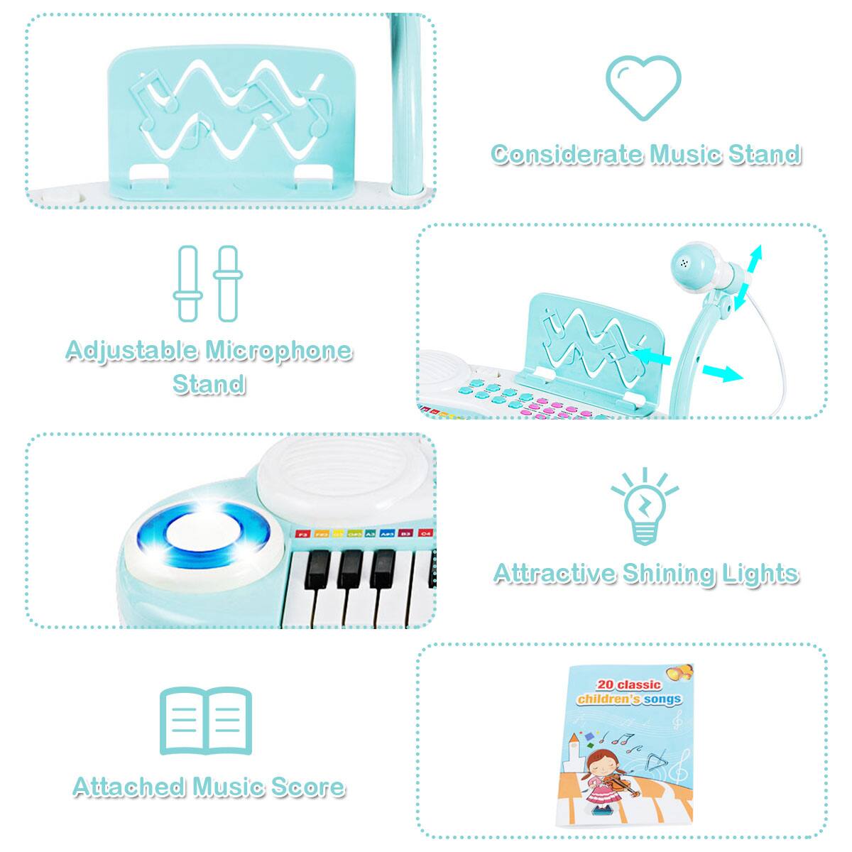 Considerate Music Stand, Adjustable Microphone Stand, Attractive Shining Lights, 20 Classic Children's Songs, Attached Music Score.