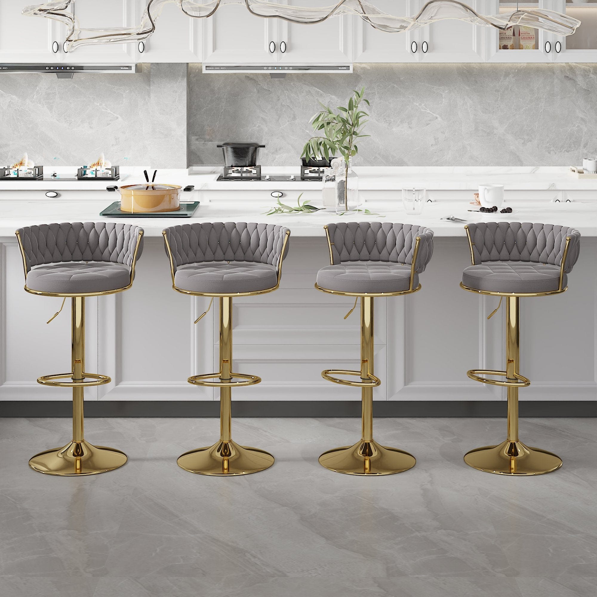 Front. Vecelo - Set of 4 Velvet Adjustable Bar Stools, 360 Swivel Bar Chairs with Back, Modern Counter Height Stools with Gold Base - Light Grey.