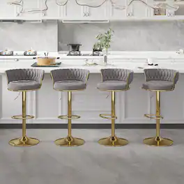 Vecelo - Set of 4 Velvet Adjustable Bar Stools, 360 Swivel Bar Chairs with Back, Modern Counter Height Stools with Gold Base - Light Gray