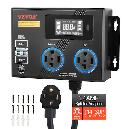 VEVOR® WARNING: Before charging, ensure the charging current is limited to below 24A via the vehicle control screen
CIRCUIT BREAKER
ON
OFF
DRYER
EV
Intertek 3125212
NEC SAFE CHARGING MAXIMUM: 240VAC 24A
24AMP Splitter Adapter
C EAD US NEMA 14-30P CASSON Intertek 14-30Rx2 3125212