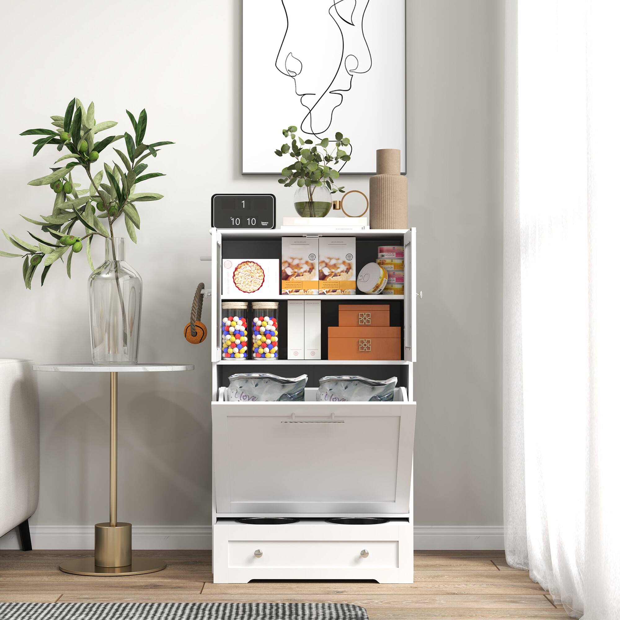 Alt View 4. Pawhut - Dog Feeding Station with 2 Cabinets, Feeding Station with 2 Bowls, HiddenFeeder Station for Feeding & Watering - White.