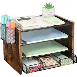 Paradigms Interiors - Opncie Desk Organizers And Accessories 4-tier Paper Letter Tray File Organizer Office Desktop For Supplies - Brown-5-Tier with Drawer and Pen Holder