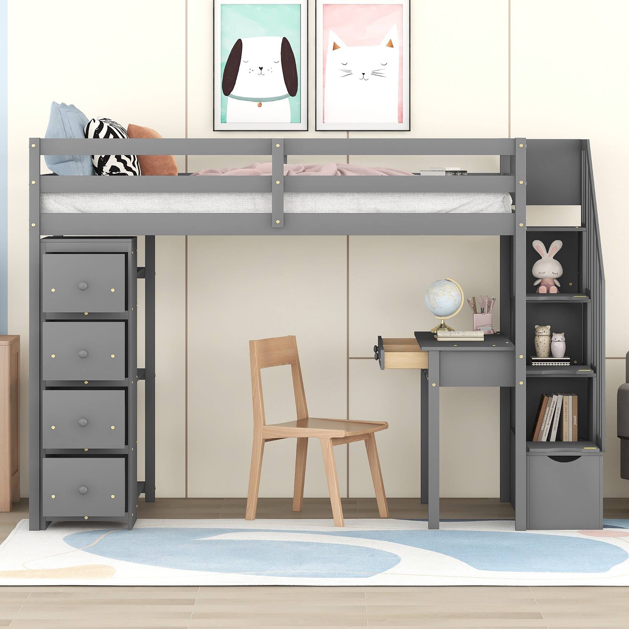 Angle. Aukfa - Twin size Loft Bed with Storage Drawers and Stairs, Wooden Loft Bed with Shelves - Gray.