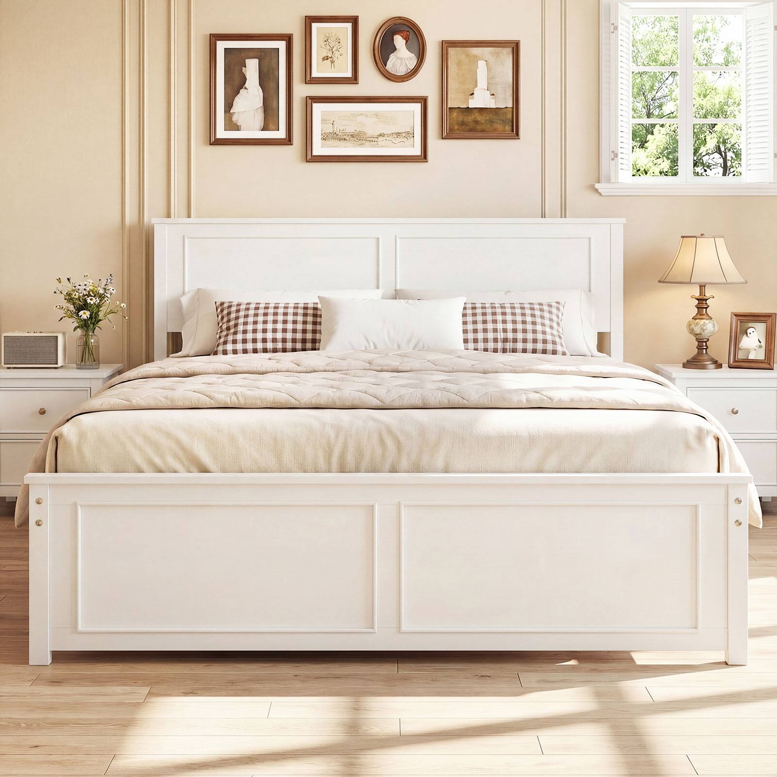 Alt View 3. Gymax - Gymax Queen Size Bed Frame Farmhouse Wooden Platform Bed w/ Headboard White - White.