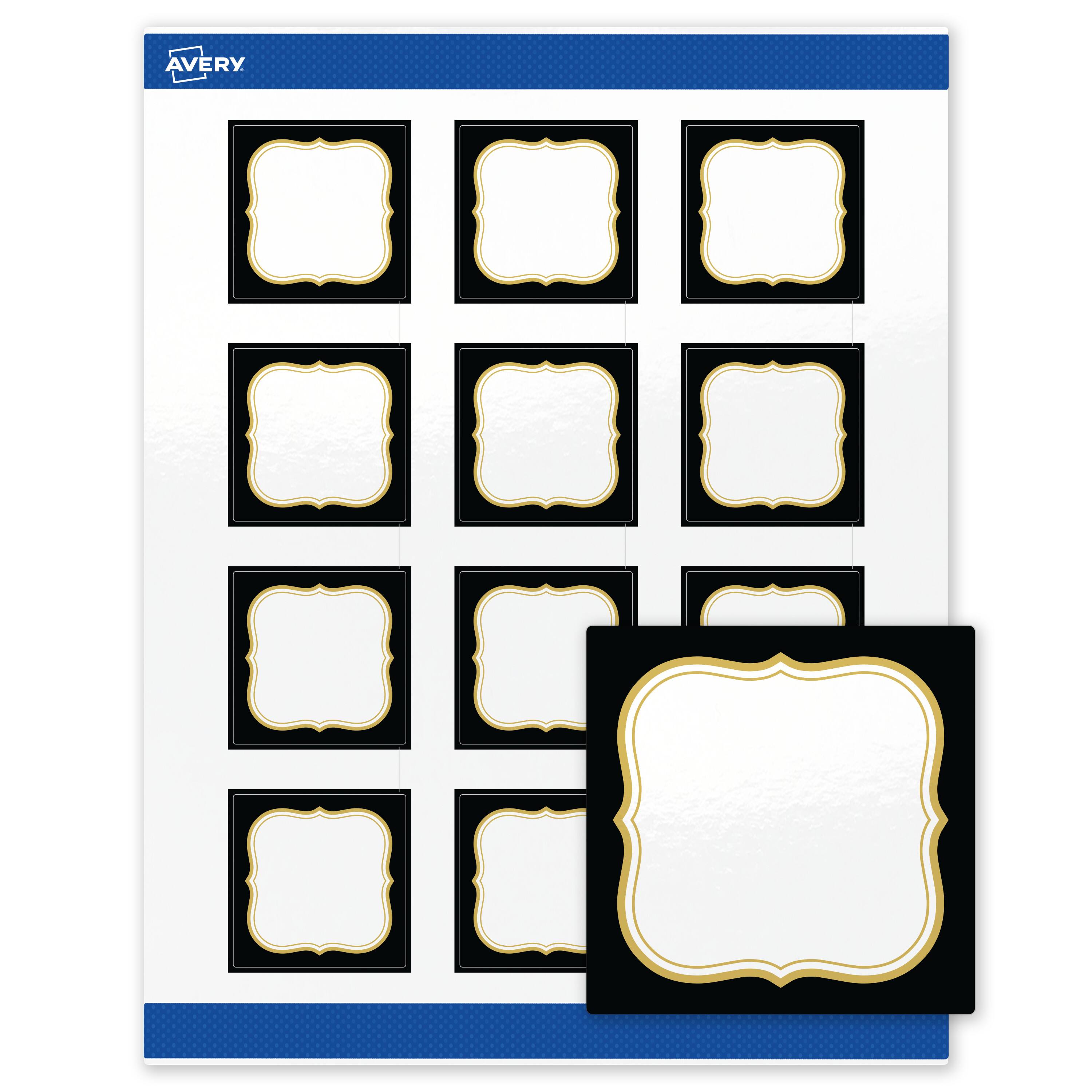 Front. Avery - Avery Labels, 2" x 2", Glossy White, Black/Metallic Gold Flourish - White.