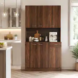 RYHNUYNE - Freestanding 70.87 Inch Tall Wardrobe and Kitchen Cabinet with 6 Doors and 1 Drawer - Walnut