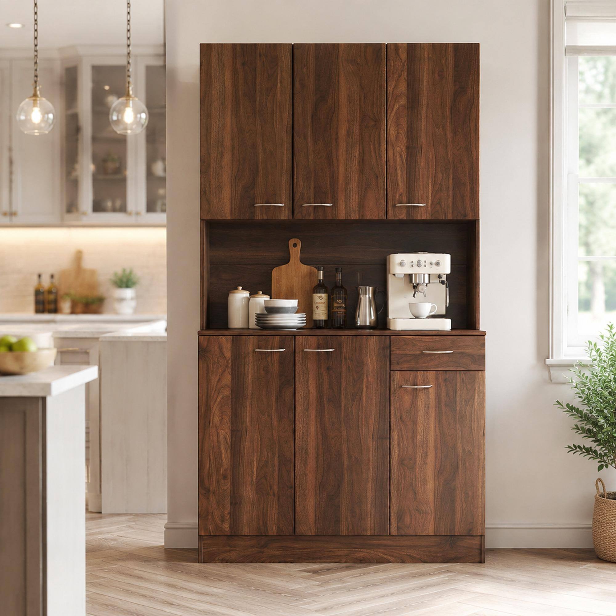 Front. RYHNUYNE - Freestanding 70.87 Inch Tall Wardrobe and Kitchen Cabinet with 6 Doors and 1 Drawer, Walnut - Walnut.