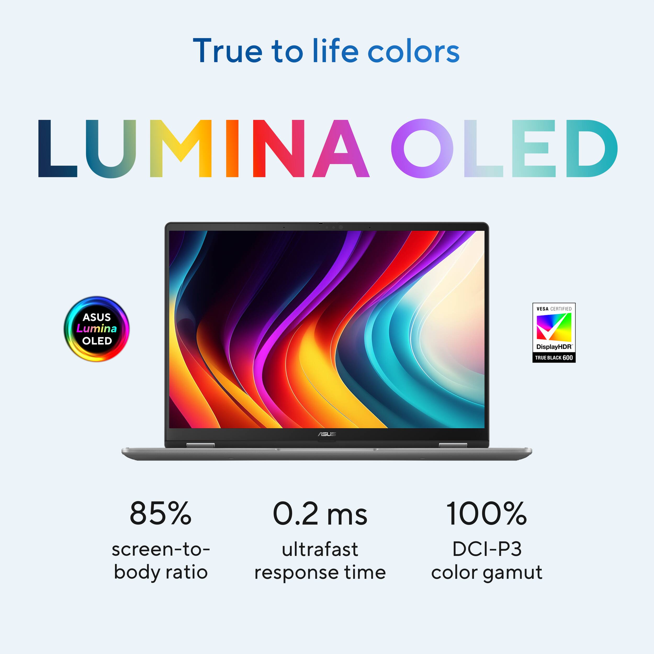True to life colors LUMINA OLED ASUS Lumina OLED TESA CERTIFIED DisplayHDR True Black 85% 0.2 ms screen-to-ultrafast body ratio response time 100% DCI-P3 color gamut