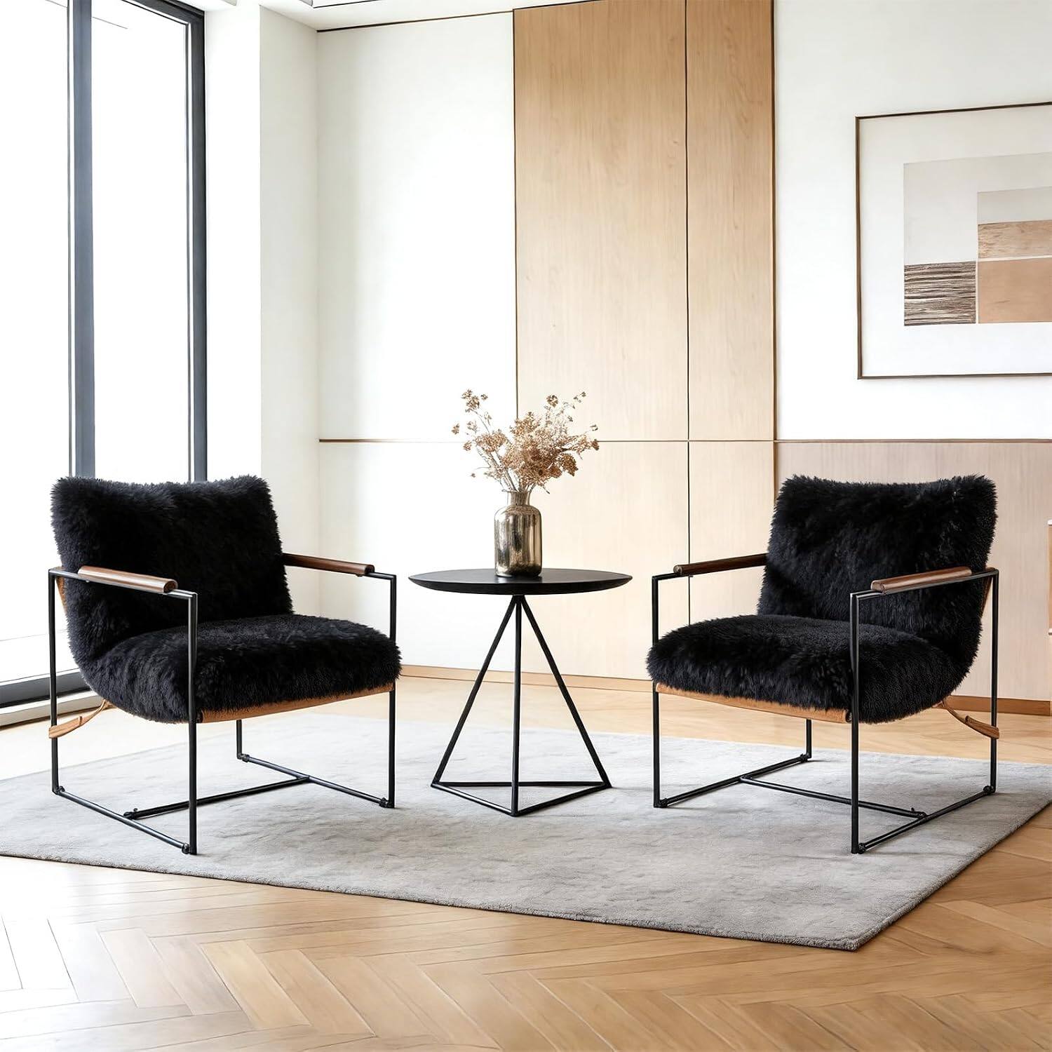 Front. Winado - 2PCS 28" Reading Armchair with Removable Seat Cushion Tan Microfiber Seat Base Metal Frame Plush Upholstery Accent Chair - Black.